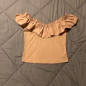 Tan Ruffled Crop Top with Off-Shoulder Neckline